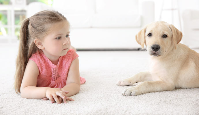Puppy and children laying on carpet