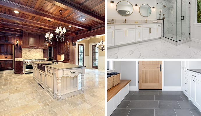 Collage of kitchen, bathroom, entryways tile