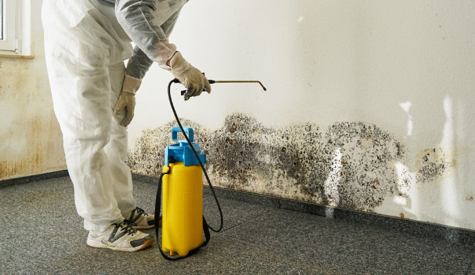 Spraying chemicals on a mold-infested wall for removal